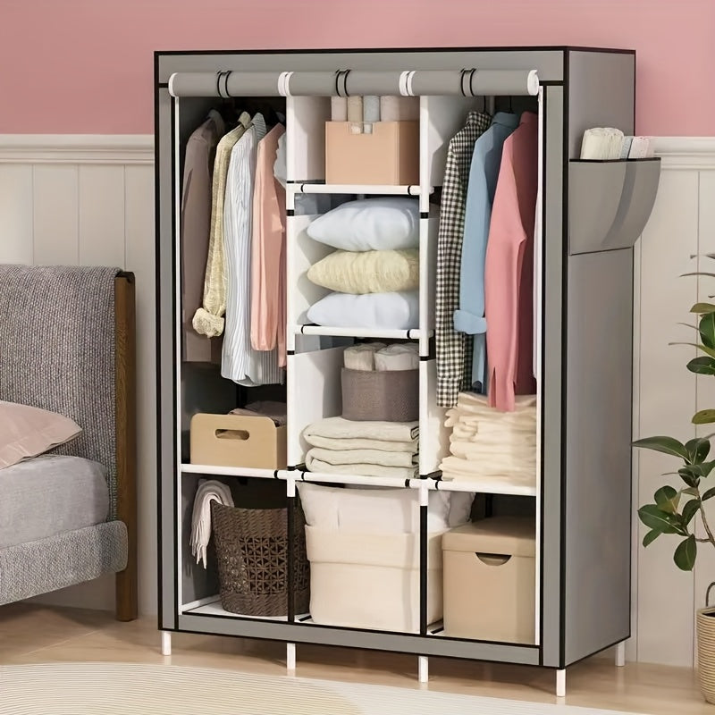 130 Portable Wardrobe with Non-Woven Fabric Cover, 6 Storage Shelves, 1 Hanging Section and 4 Side Pockets, Installable Closet System