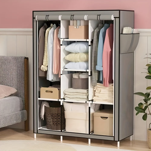 130 Portable Wardrobe with Non-Woven Fabric Cover, 6 Storage Shelves, 1 Hanging Section and 4 Side Pockets, Installable Closet System