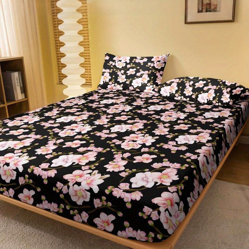 Soft Brushed Fitted Sheet with Modern Floral Peach Blossom Design - Deep Pocket, Machine Washable, Perfect for Bedroom and Guest Room (Pillowcase Not Included)