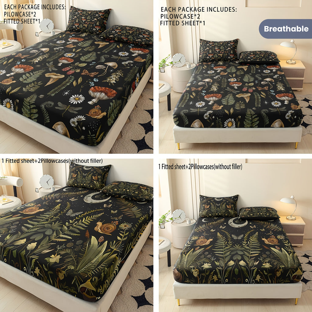 Botanical Mushroom Forest Pattern Digital Print Polyester Sheet Set - Breathable All-Season 3 Pieces Fitted Sheet and Pillowcase Set, Soft Comfort Bedroom Decor, Ideal Gift for Family and Friends