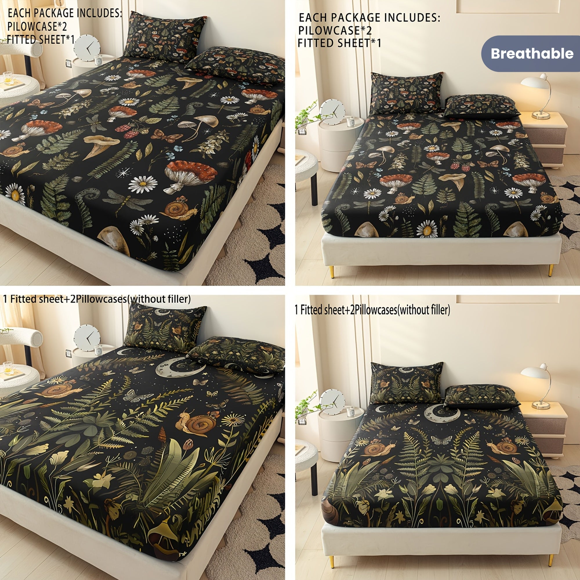 Botanical Mushroom Forest Pattern Digital Print Polyester Sheet Set - Breathable All-Season 3 Pieces Fitted Sheet and Pillowcase Set, Soft Comfort Bedroom Decor, Ideal Gift for Family and Friends
