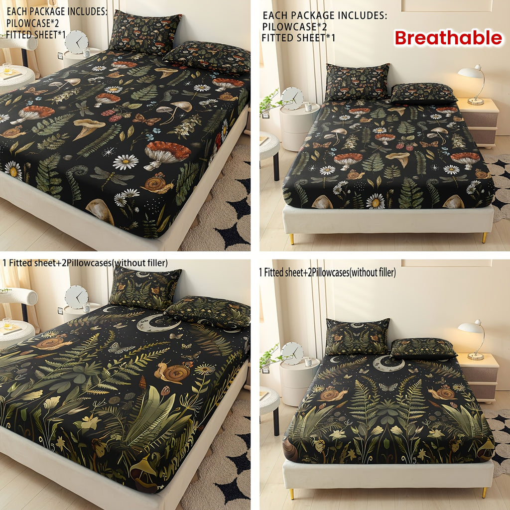 Botanical Mushroom Forest Pattern Digital Print Polyester Sheet Set - Breathable All-Season 3 Pieces Fitted Sheet and Pillowcase Set, Soft Comfort Bedroom Decor, Ideal Gift for Family and Friends