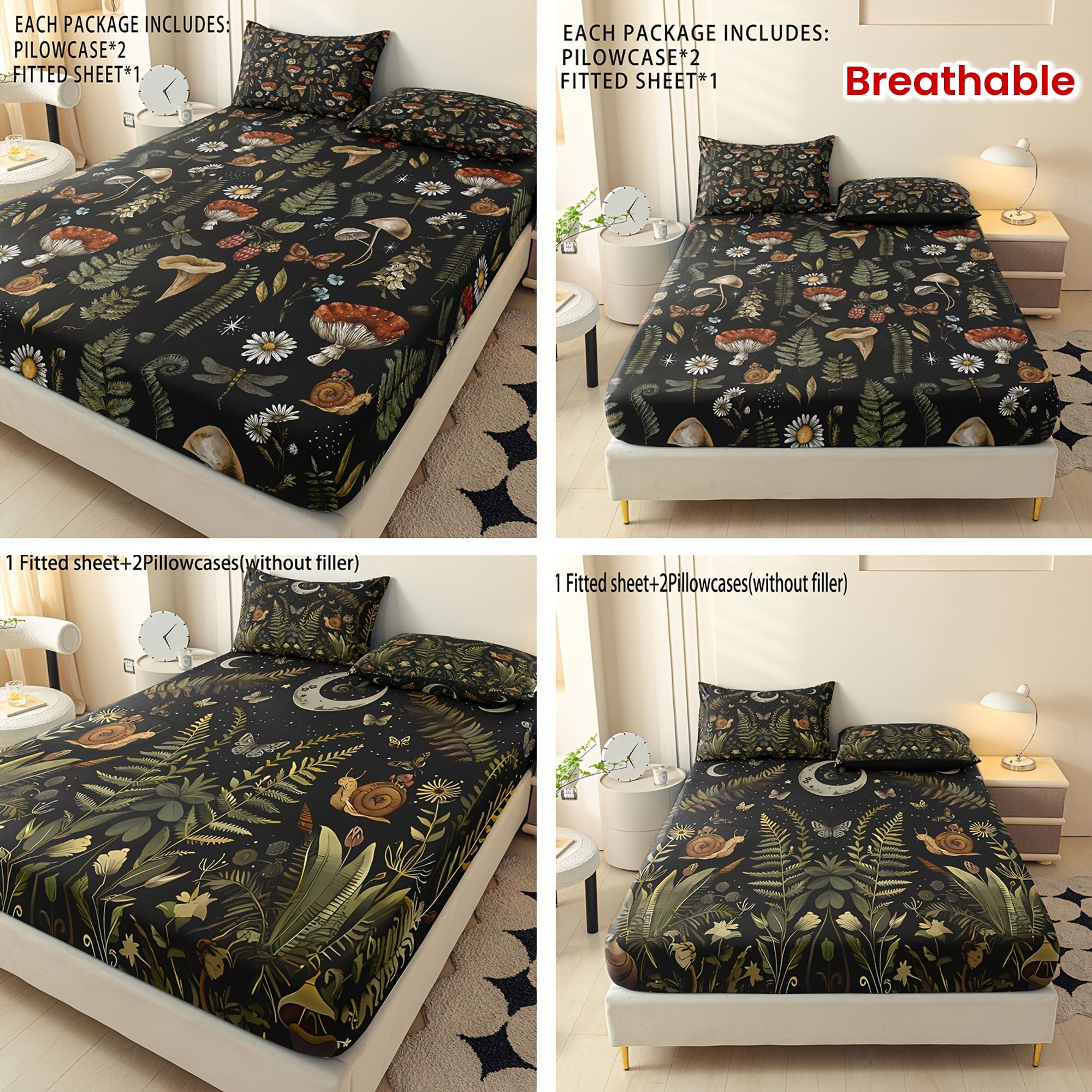 Botanical Mushroom Forest Pattern Digital Print Polyester Sheet Set - Breathable All-Season 3 Pieces Fitted Sheet and Pillowcase Set, Soft Comfort Bedroom Decor, Ideal Gift for Family and Friends