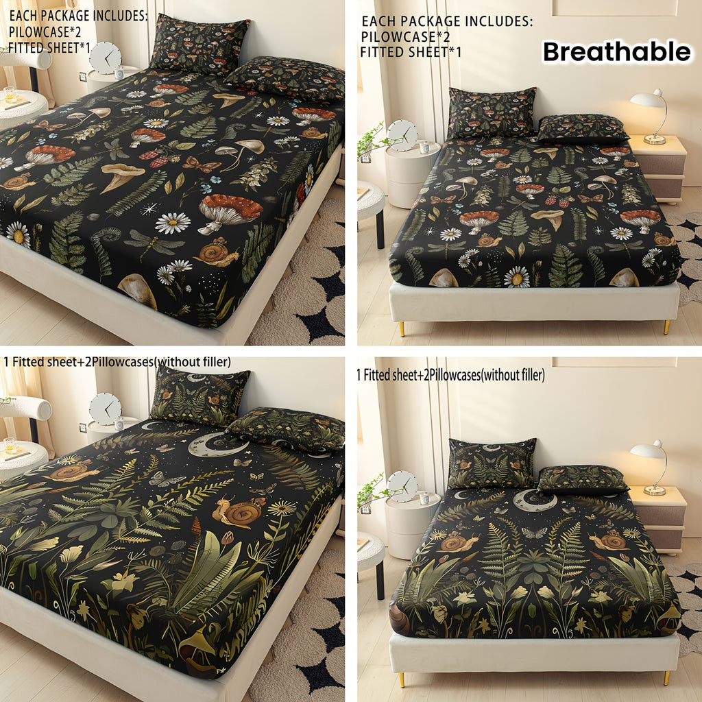 Botanical Mushroom Forest Pattern Digital Print Polyester Sheet Set - Breathable All-Season 3 Pieces Fitted Sheet and Pillowcase Set, Soft Comfort Bedroom Decor, Ideal Gift for Family and Friends