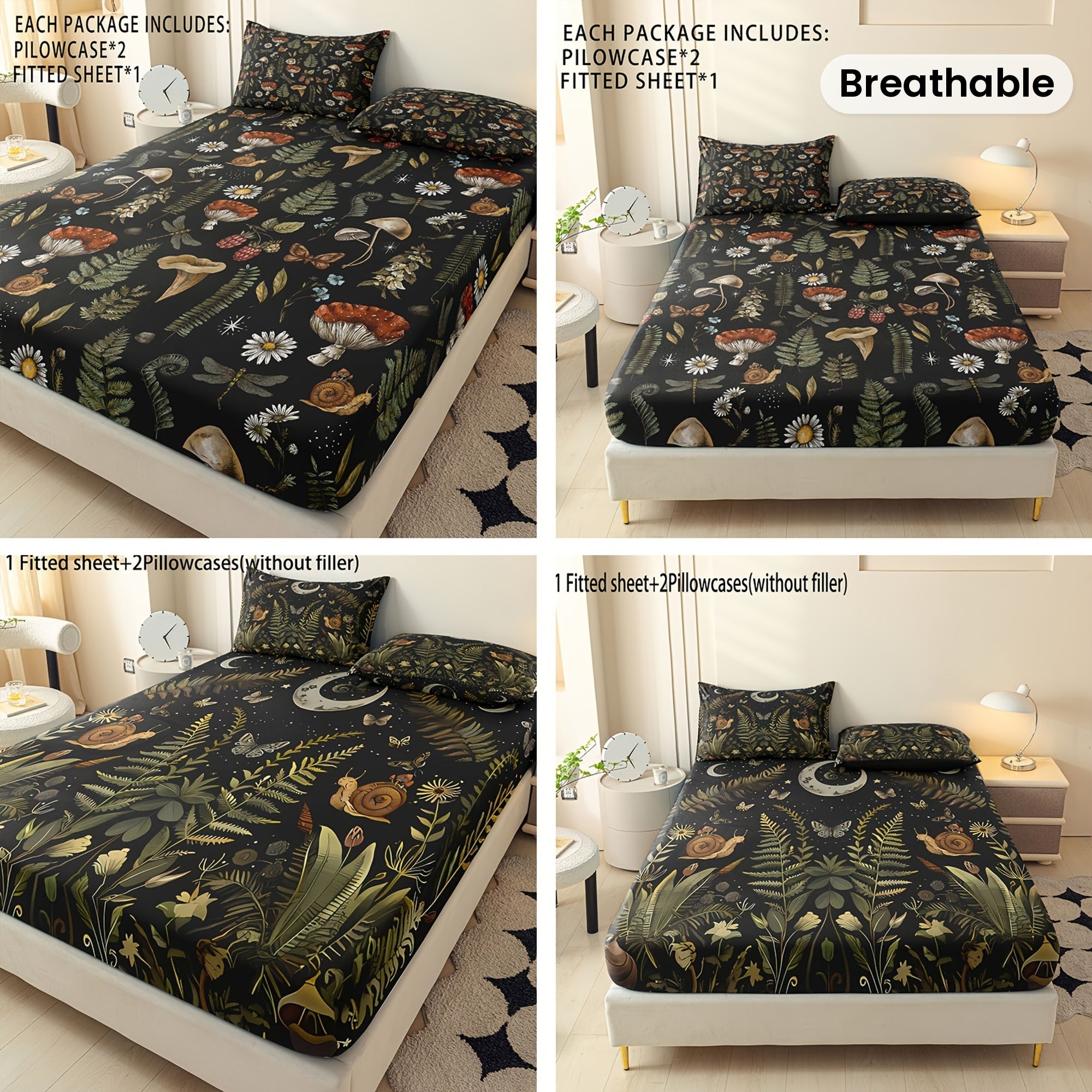 Botanical Mushroom Forest Pattern Digital Print Polyester Sheet Set - Breathable All-Season 3 Pieces Fitted Sheet and Pillowcase Set, Soft Comfort Bedroom Decor, Ideal Gift for Family and Friends