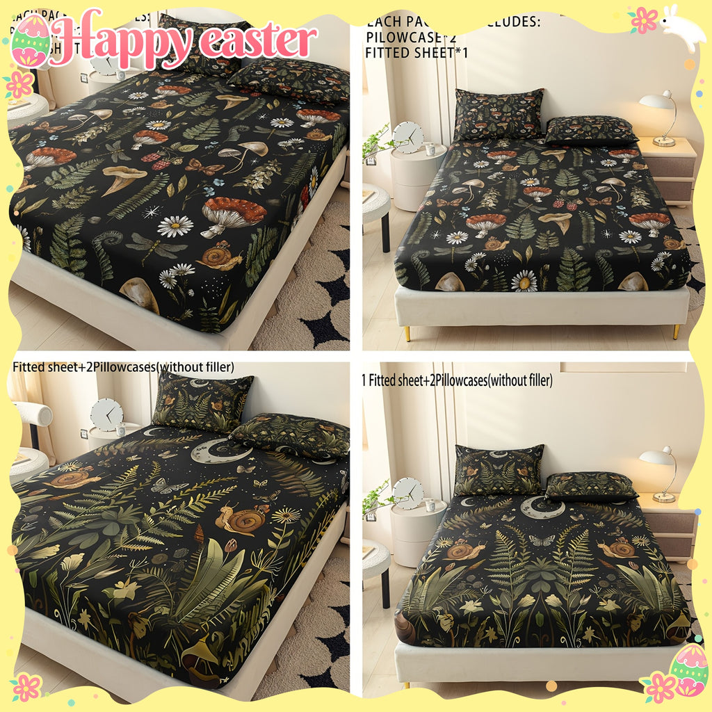 Botanical Mushroom Forest Pattern Digital Print Polyester Sheet Set - Breathable All-Season 3 Pieces Fitted Sheet and Pillowcase Set, Soft Comfort Bedroom Decor, Ideal Gift for Family and Friends