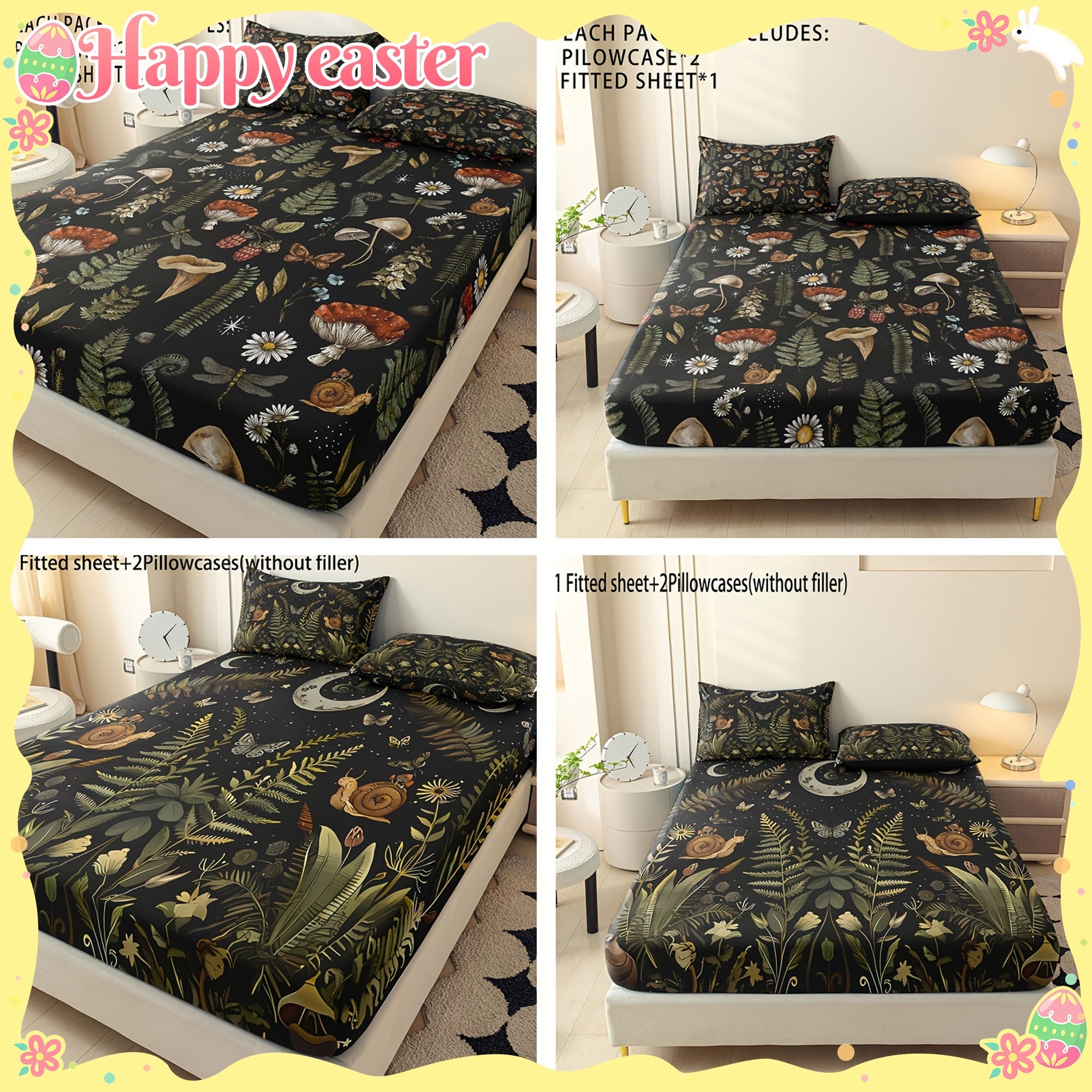 Botanical Mushroom Forest Pattern Digital Print Polyester Sheet Set - Breathable All-Season 3 Pieces Fitted Sheet and Pillowcase Set, Soft Comfort Bedroom Decor, Ideal Gift for Family and Friends