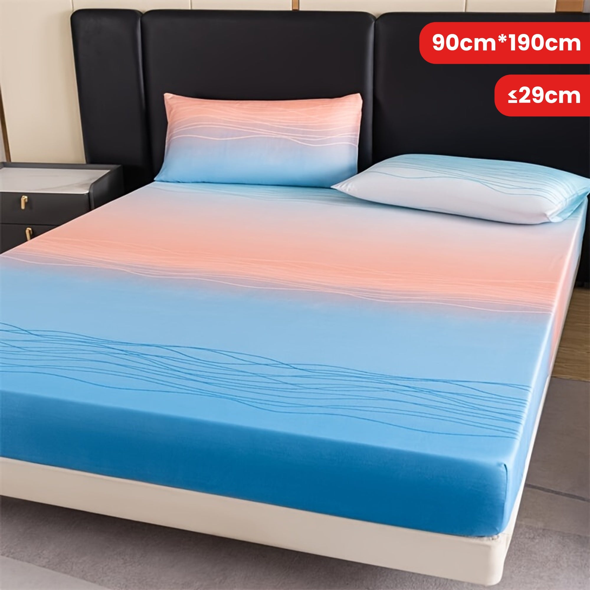 3pcs Polyester Printed Fitted Sheet Set - 1 Fitted Sheet With 2 Pillowcases No Filler, Gradient Blue Ocean Wave Design, Bedroom Decor