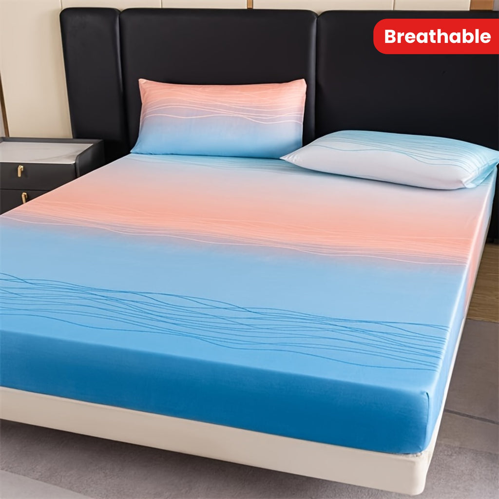 3pcs Polyester Printed Fitted Sheet Set - 1 Fitted Sheet With 2 Pillowcases No Filler, Gradient Blue Ocean Wave Design, Bedroom Decor