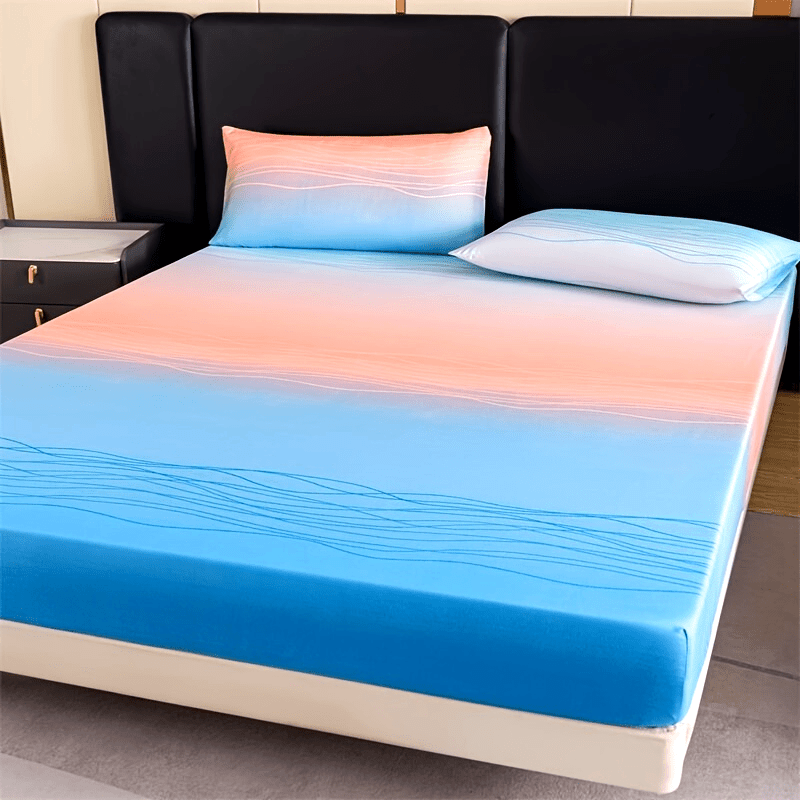 3pcs Polyester Printed Fitted Sheet Set - 1 Fitted Sheet With 2 Pillowcases No Filler, Gradient Blue Ocean Wave Design, Bedroom Decor