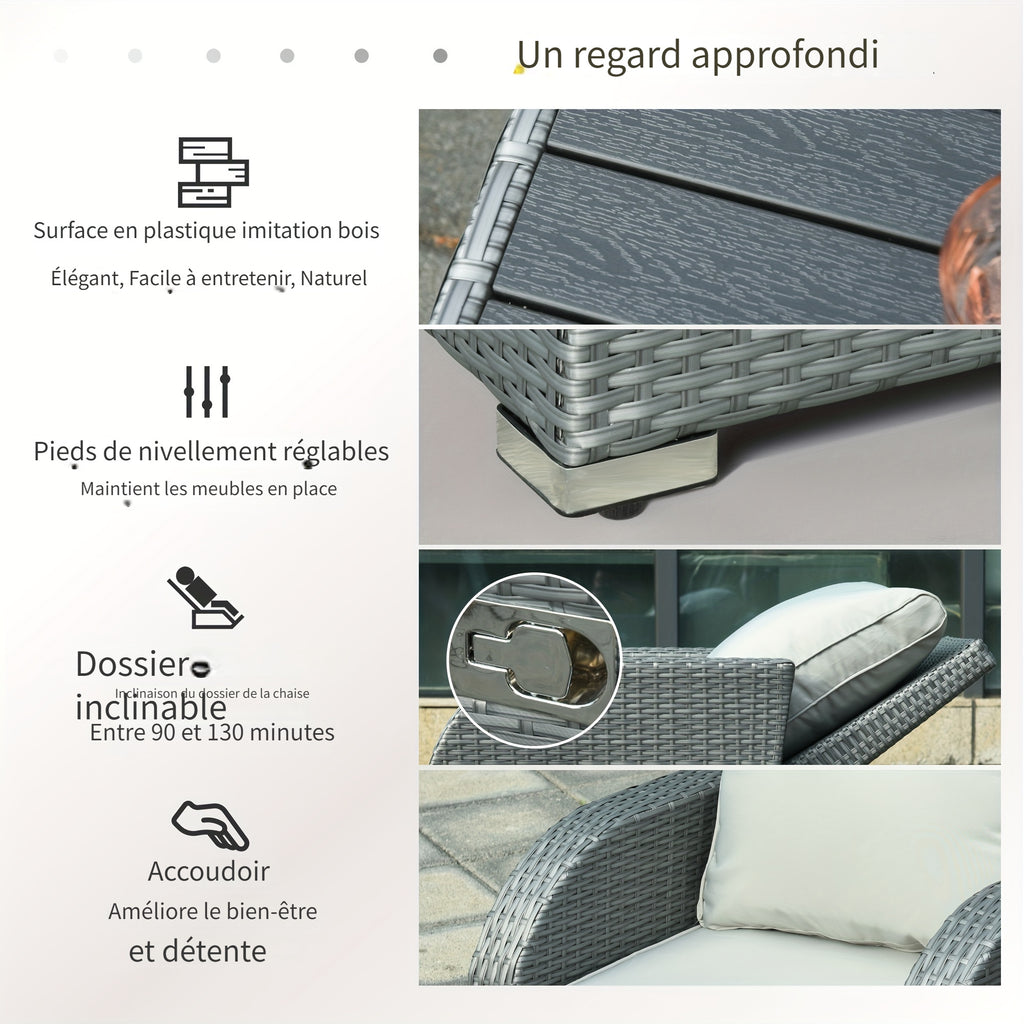 Ensemble de 6 pièces de Mobilier de Patio, Canapé Extérieur en Osier, Fauteuil Inclinable à Angle Ajustable, Ensemble de Conversation, Poufs, avec Table Basse en Polyester, Ressort à Gaz & Coussins Doux Lavables, Gris