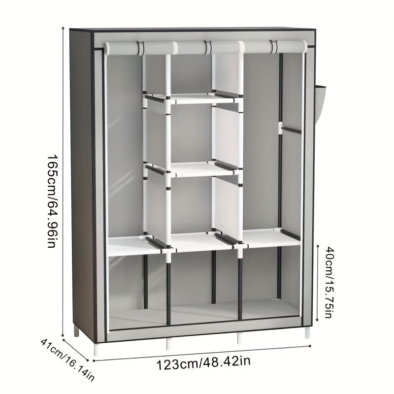 130 Portable Wardrobe with Non-Woven Fabric Cover, 6 Storage Shelves, 1 Hanging Section and 4 Side Pockets, Installable Closet System