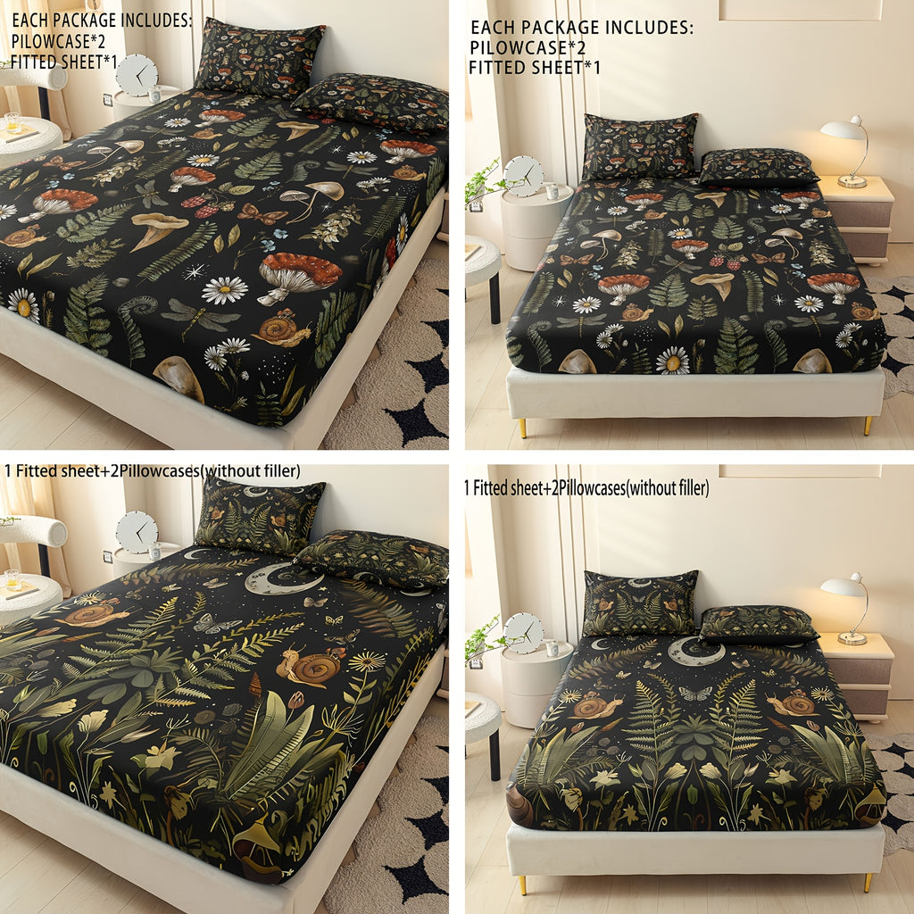 Botanical Mushroom Forest Pattern Digital Print Polyester Sheet Set - Breathable All-Season 3 Pieces Fitted Sheet and Pillowcase Set, Soft Comfort Bedroom Decor, Ideal Gift for Family and Friends
