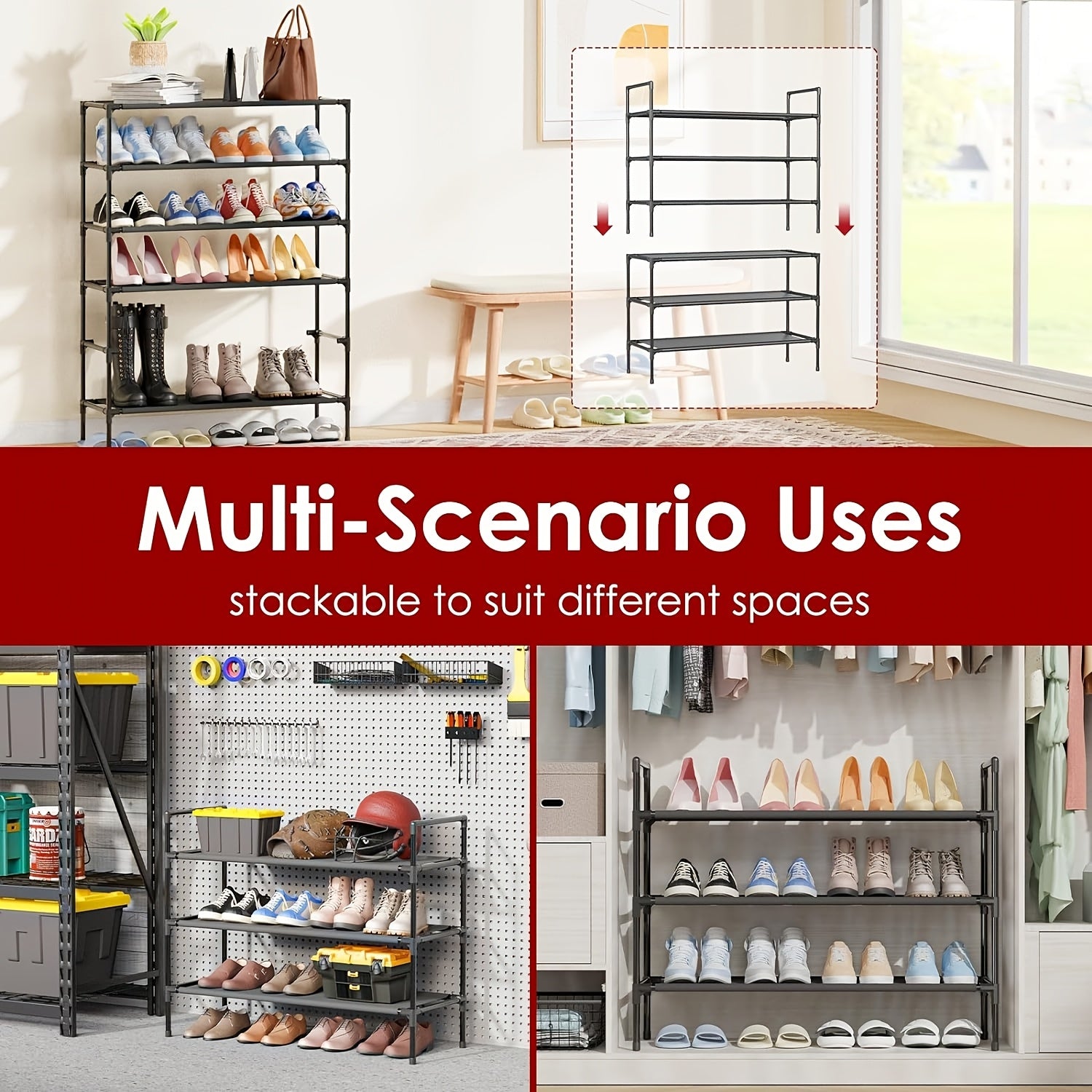 4-Tier Black Multi-Functional Detachable Shoe Rack – Space-Saving Storage Organizer for Dorms, Homes, and Small Spaces, Perfect for Sneakers, Boots, and Accessories, Shoe Storage Organizer