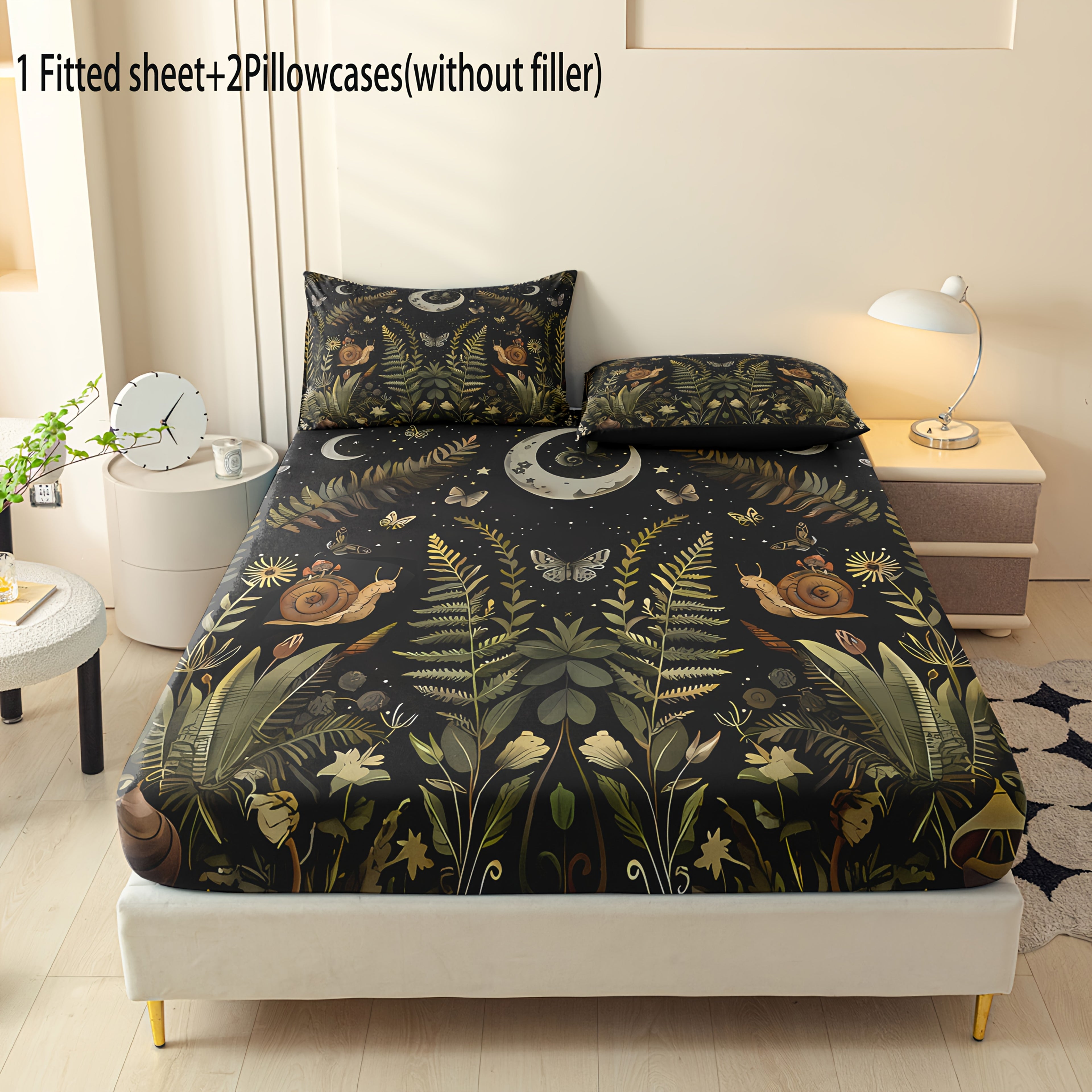 Botanical Mushroom Forest Pattern Digital Print Polyester Sheet Set - Breathable All-Season 3 Pieces Fitted Sheet and Pillowcase Set, Soft Comfort Bedroom Decor, Ideal Gift for Family and Friends