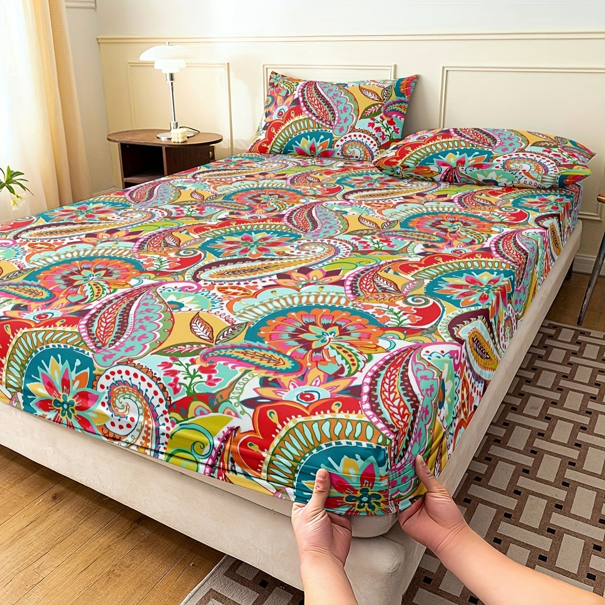 3pcs Bohemian Fitted Sheet Set, Classic Fashion Mattress Protector Cover, Soft Comfort Deep Pocket Breathable Bedding Set for Bedroom Guest Room Decor with 1 Fitted Sheet + 2 Pillowcases, No Core