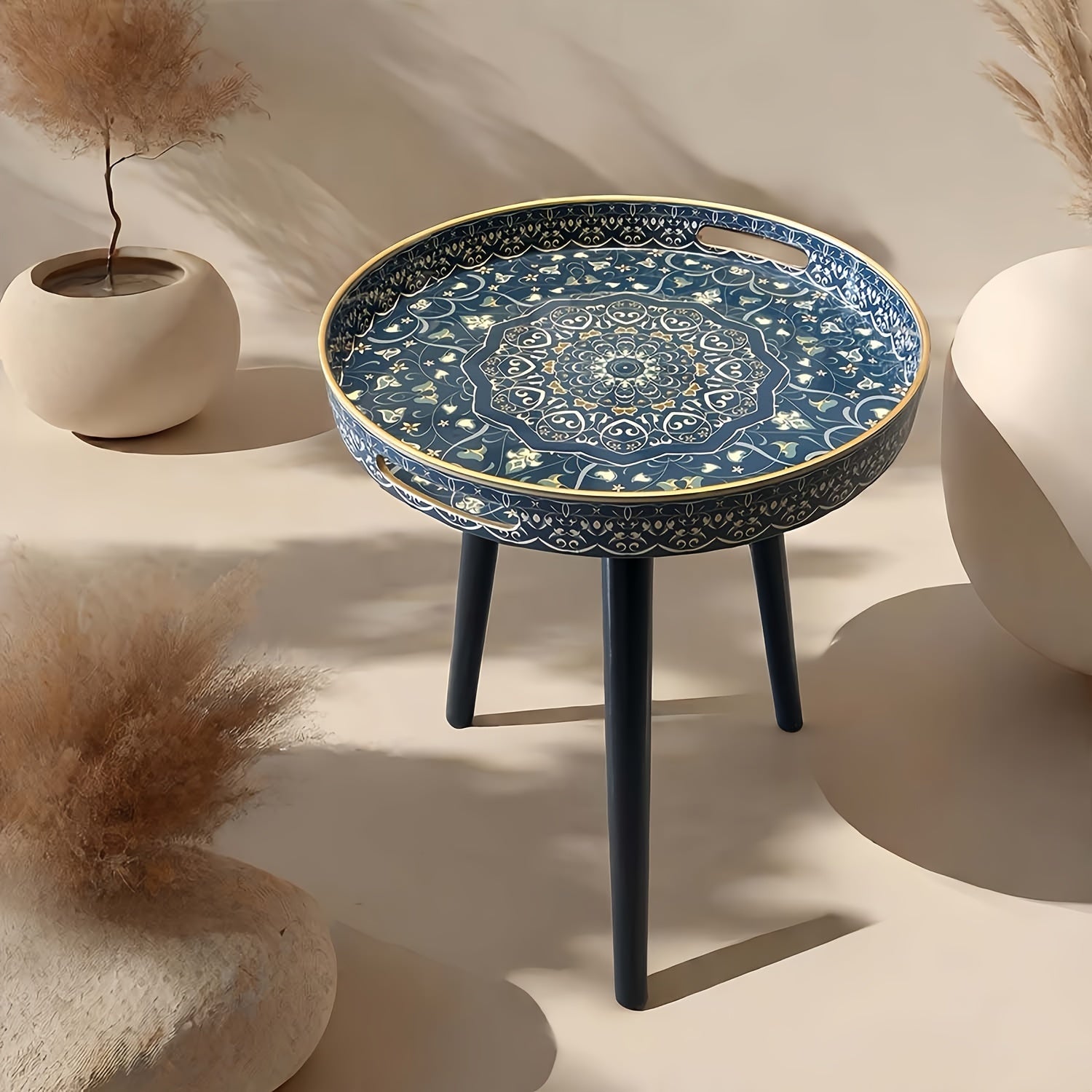 Table Basse Ronde Mandala Bleue Vintage avec Pieds en Bois Détachables – Table Basse Portable de 17.7 Pouces pour Intérieur & Extérieur, Design de Plateau Élégant pour Détente, Heure du Thé ou Accents Décoratifs, Table Basse pour Salon
