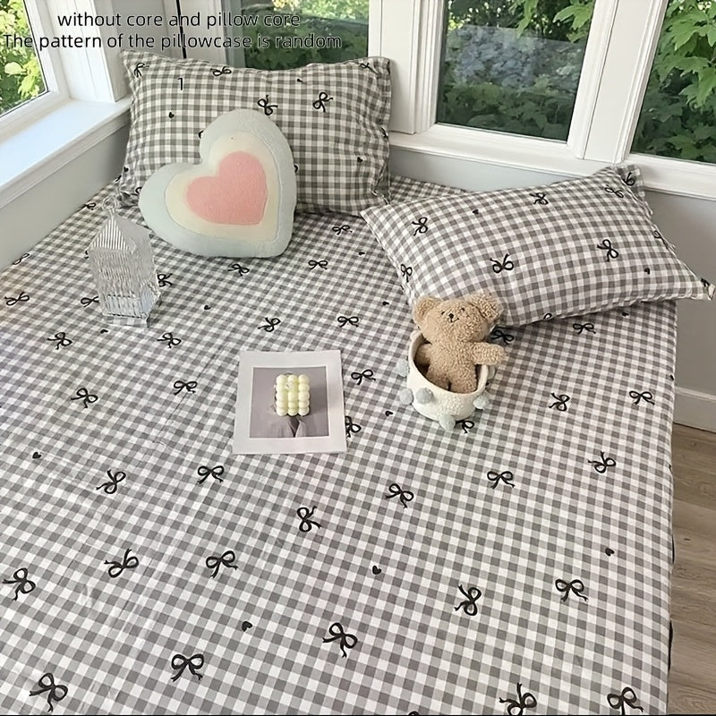 3pcs Cozy Checkered Bedding Set with Bow Prints - Soft Polyester, All-Season Comfort, Deep Pockets, Machine Washable - Ideal for Hotel, Bedroom, Guest Room Decor, Hotel Room Decor|Cozy Checkered Pattern|Soft Polyester Fabric, Hotel Room Decorations
