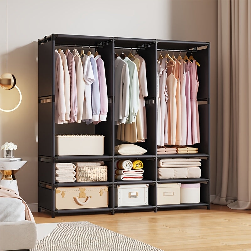 1 multi row simple wardrobe, 16mm metal tube and thickened connecting tube, with 3 hanging areas, large capacity, easy to assemble and disassemble, portable wardrobe, wardrobe storage system