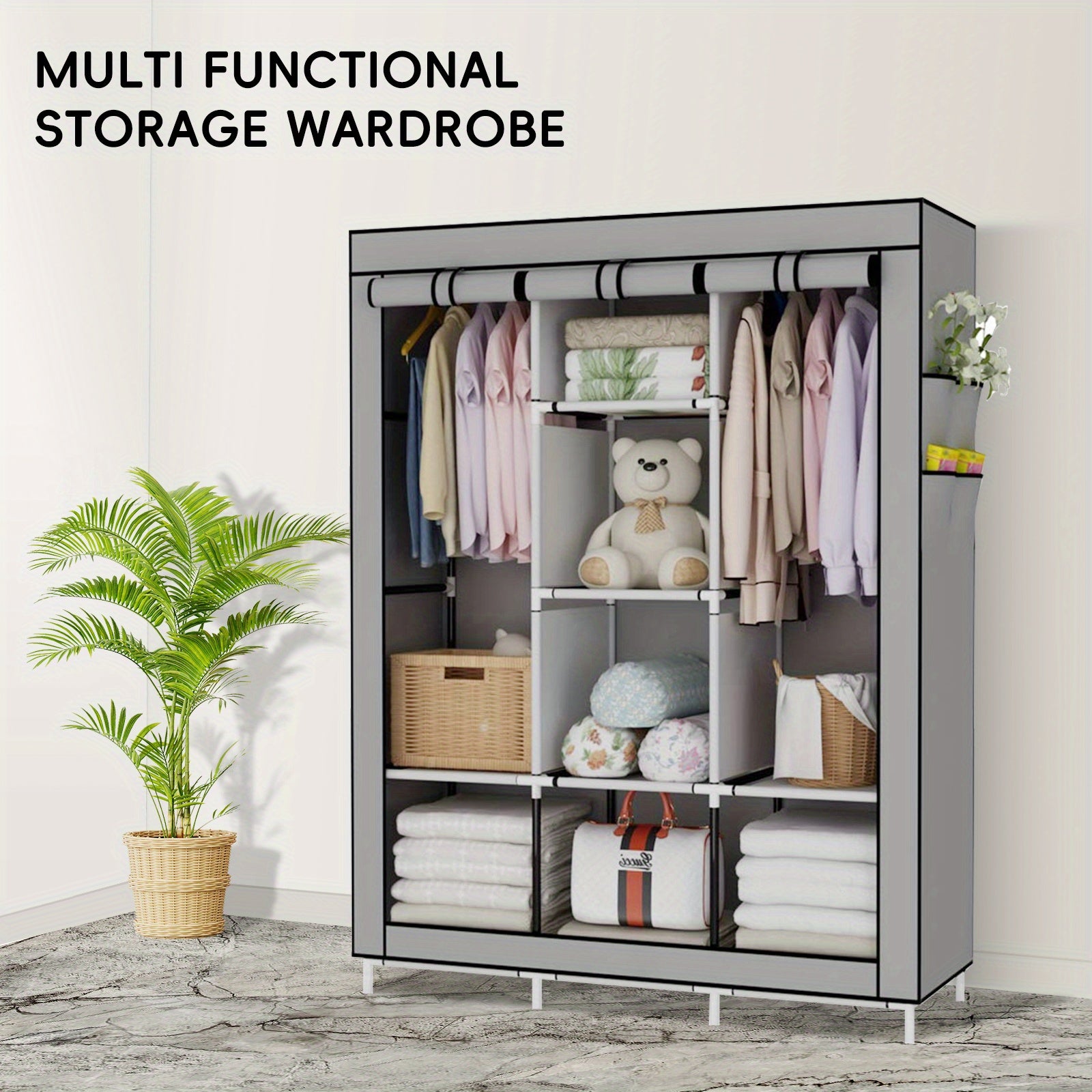 Large Capacity Clothes Storage Wardrobe - Easy Assembly, Dustproof With Rolling Curtain, Portable Design For Home & Dorms, Portable Closets