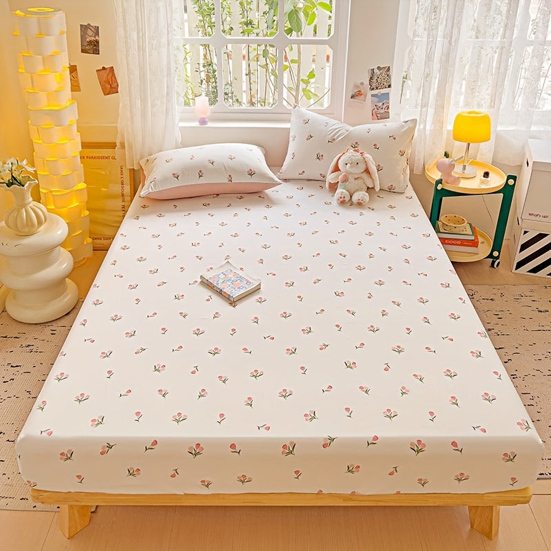1pc Floral Print Fitted Sheet, Mattress Protector Cover, Soft Comfort Bedding for Bedroom, Light Beige-Friendly Fitted Sheet, Suitable for All Seasons and Non-Slip Bedspread, Single\u002FDouble\u002FKing Size, Machine Washable, Pillowcase Not Included