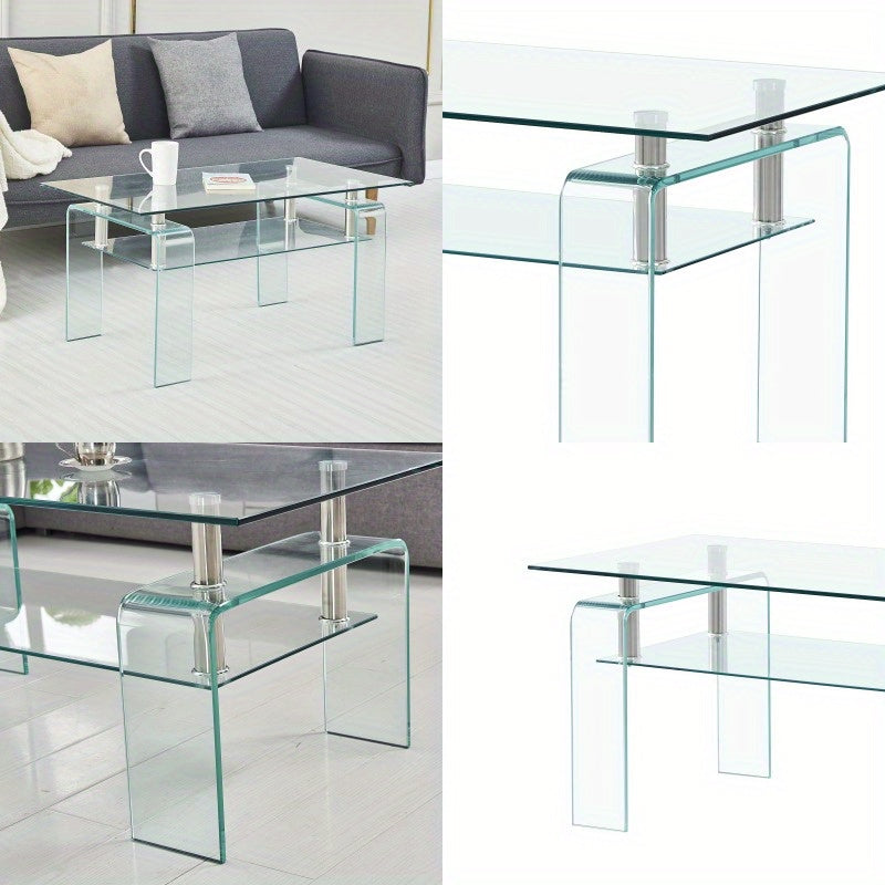 Table à café en verre transparente, table à café moderne en verre pour le salon, table à café de stockage à 2 niveaux, table à thé en verre trempé, sans batterie