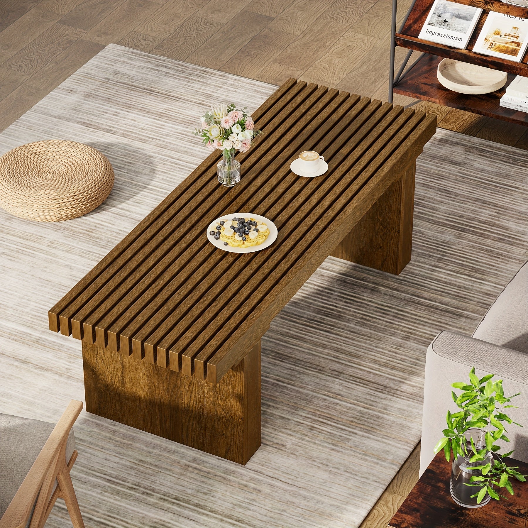 Table à café rectangulaire : Table à café moderne en bois de 47.24 pouces Table à cocktail pour salon, Table à café de ferme Table au centre Table à thé avec dessus de table en planches, Brun rustique
