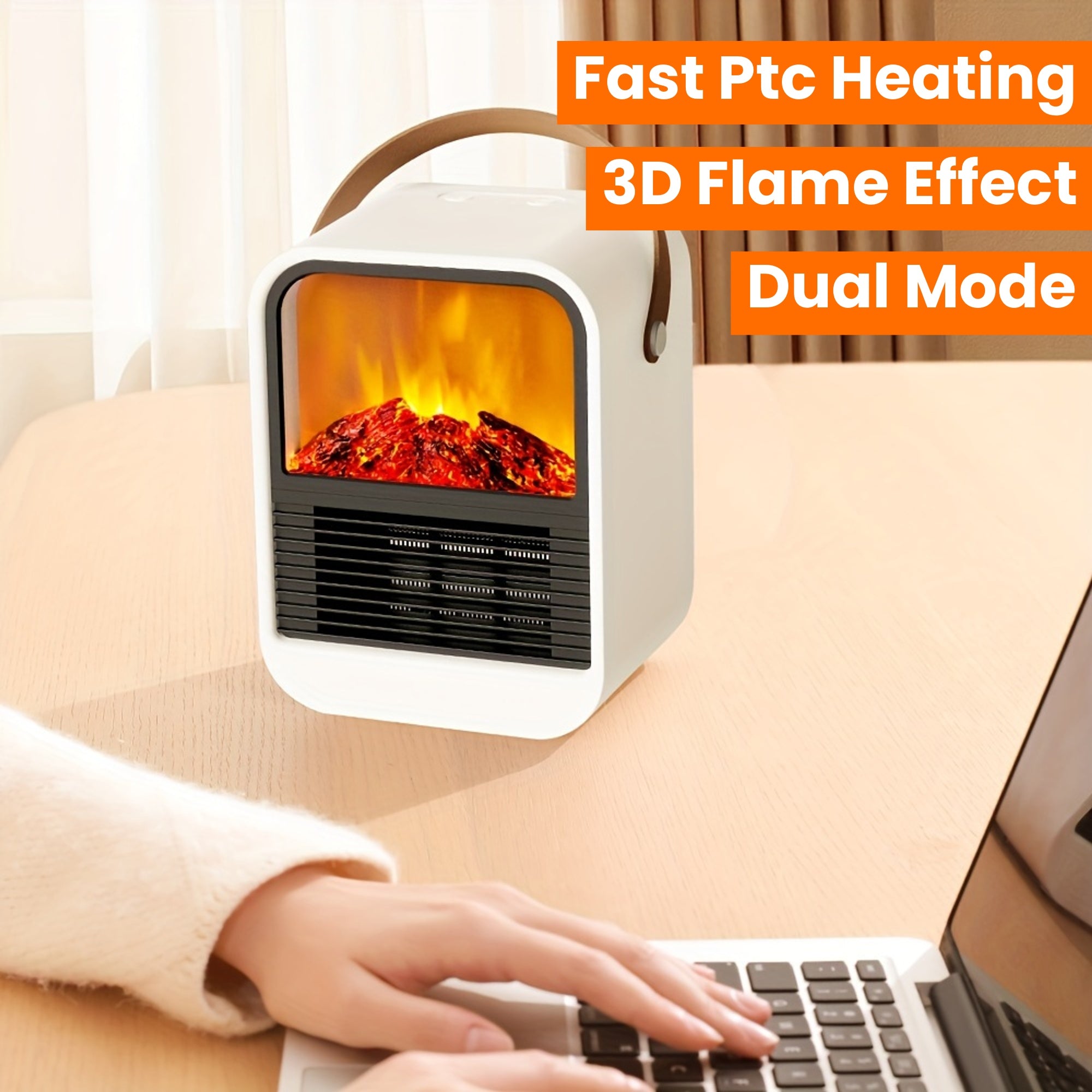 Electric Fireplace Heater with Overheat Protection, 3D Flame Effect, Fast PTC Heating, Dual Mode 650W\u002F1000W, Square Plastic Portable Desktop Heater with US Plug, 110V for Bedroom Bathroom Office
