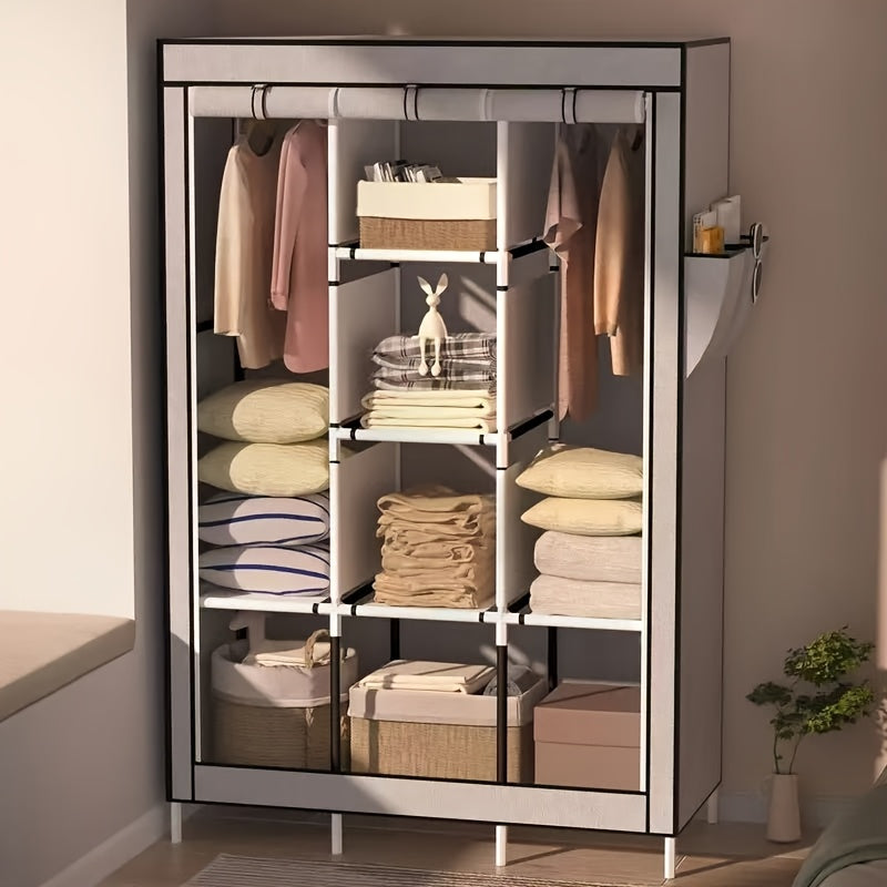 130 Portable Wardrobe with Non-Woven Fabric Cover, 6 Storage Shelves, 1 Hanging Section and 4 Side Pockets, Installable Closet System