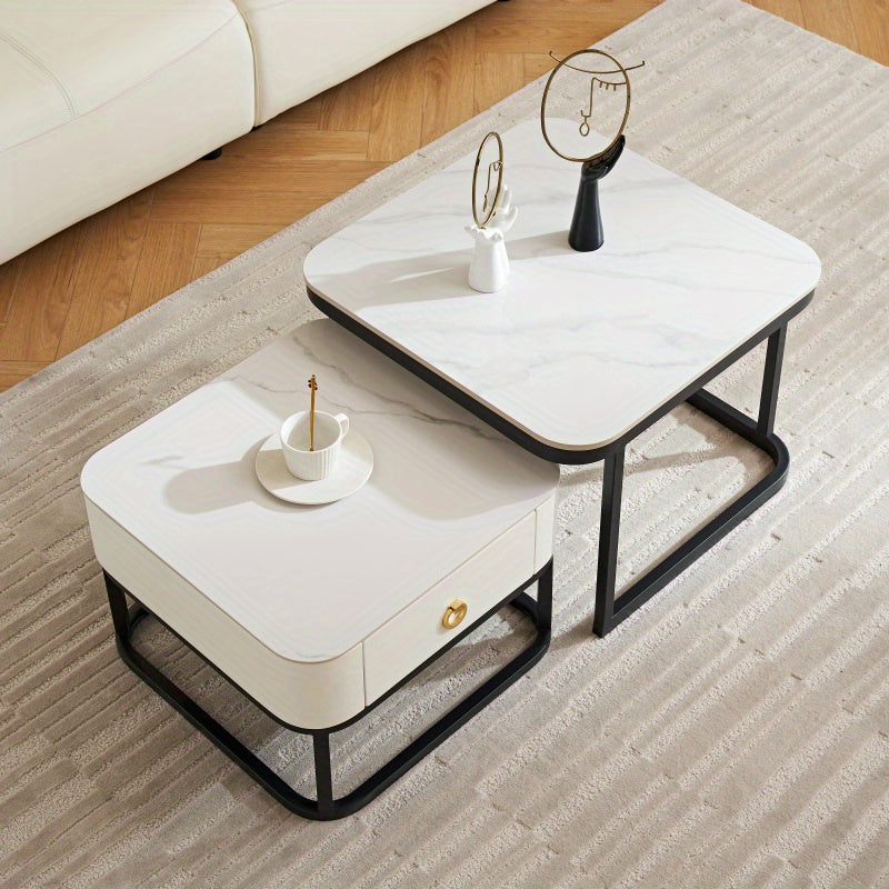 Table Basse en Marbre Moderne Ensemble de 2 Tables d'Accueil pour Salon Tables d'Accueil Empilables pour Salon Chambre à Coucher Table d'Accent pour Thé avec Cadre Métallique Robuste et Montage Facile Noir