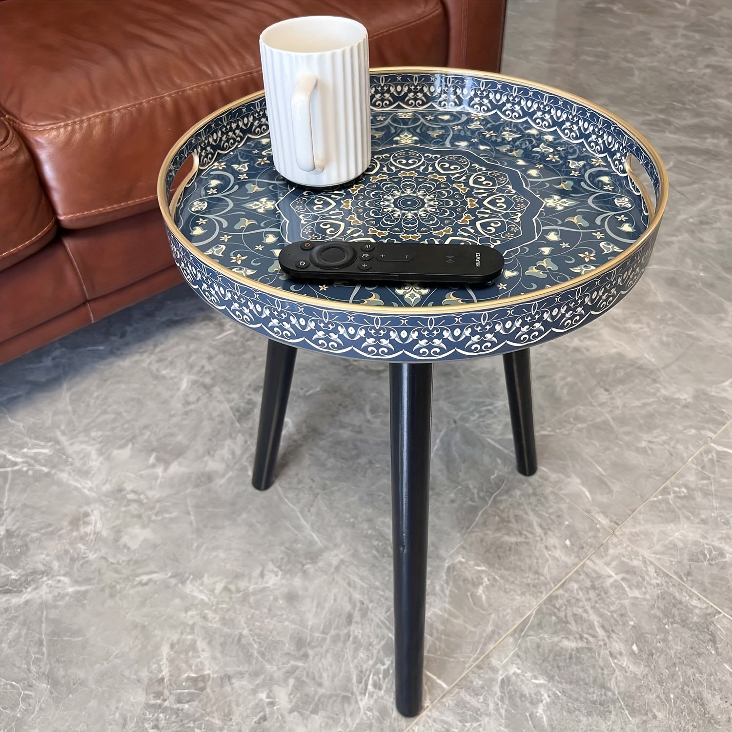 Table Basse Ronde Mandala Bleue Vintage avec Pieds en Bois Détachables – Table Basse Portable de 17.7 Pouces pour Intérieur & Extérieur, Design de Plateau Élégant pour Détente, Heure du Thé ou Accents Décoratifs, Table Basse pour Salon