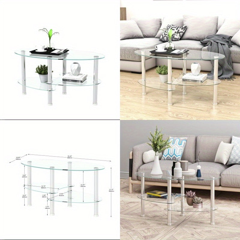 Table basse en verre ovale transparente, table moderne avec pied en acier inoxydable, table à thé, table en verre à 3 couches pour salon, sans batterie