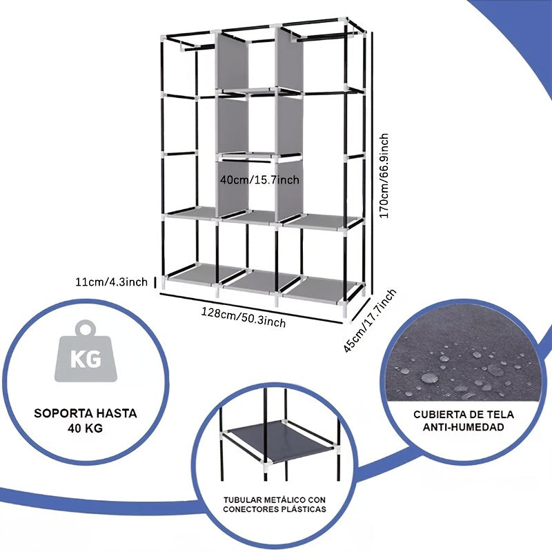 1pc Portable Wardrobe Closet Clothes Organizer Non-Woven Fabric Cover With 6 Storage Shelves, 2 Hanging Sections And 4 Side Pockets, For Bedroom, Living Room, Apartments, Portable Closets