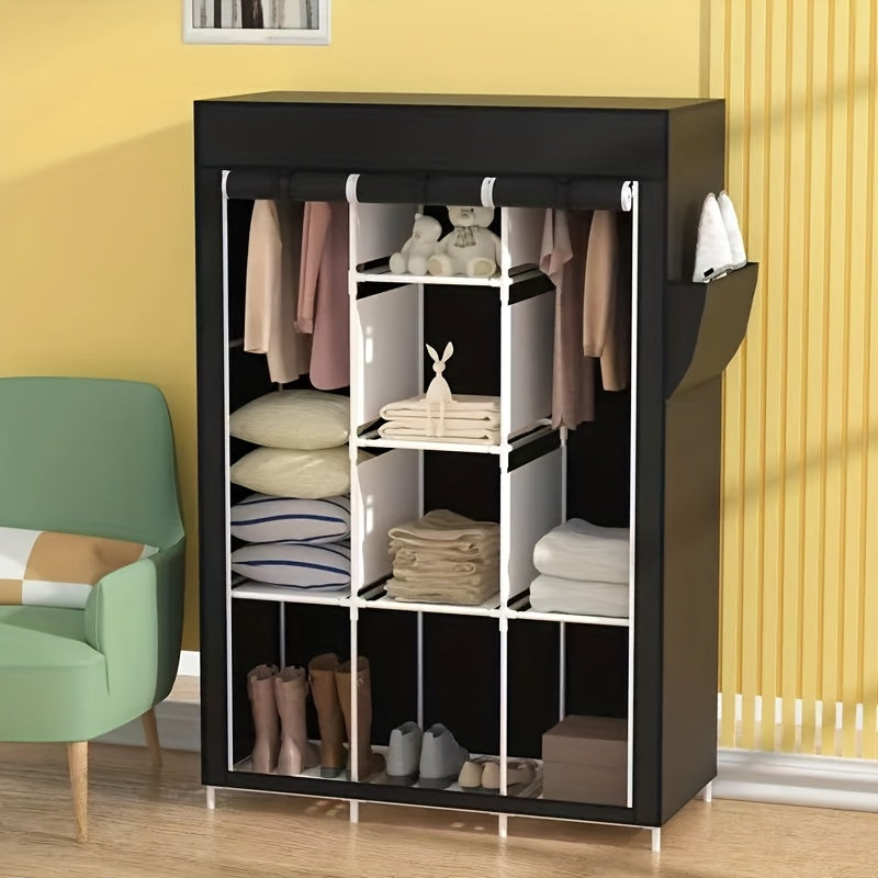 130 Portable Wardrobe with Non-Woven Fabric Cover, 6 Storage Shelves, 1 Hanging Section and 4 Side Pockets, Installable Closet System