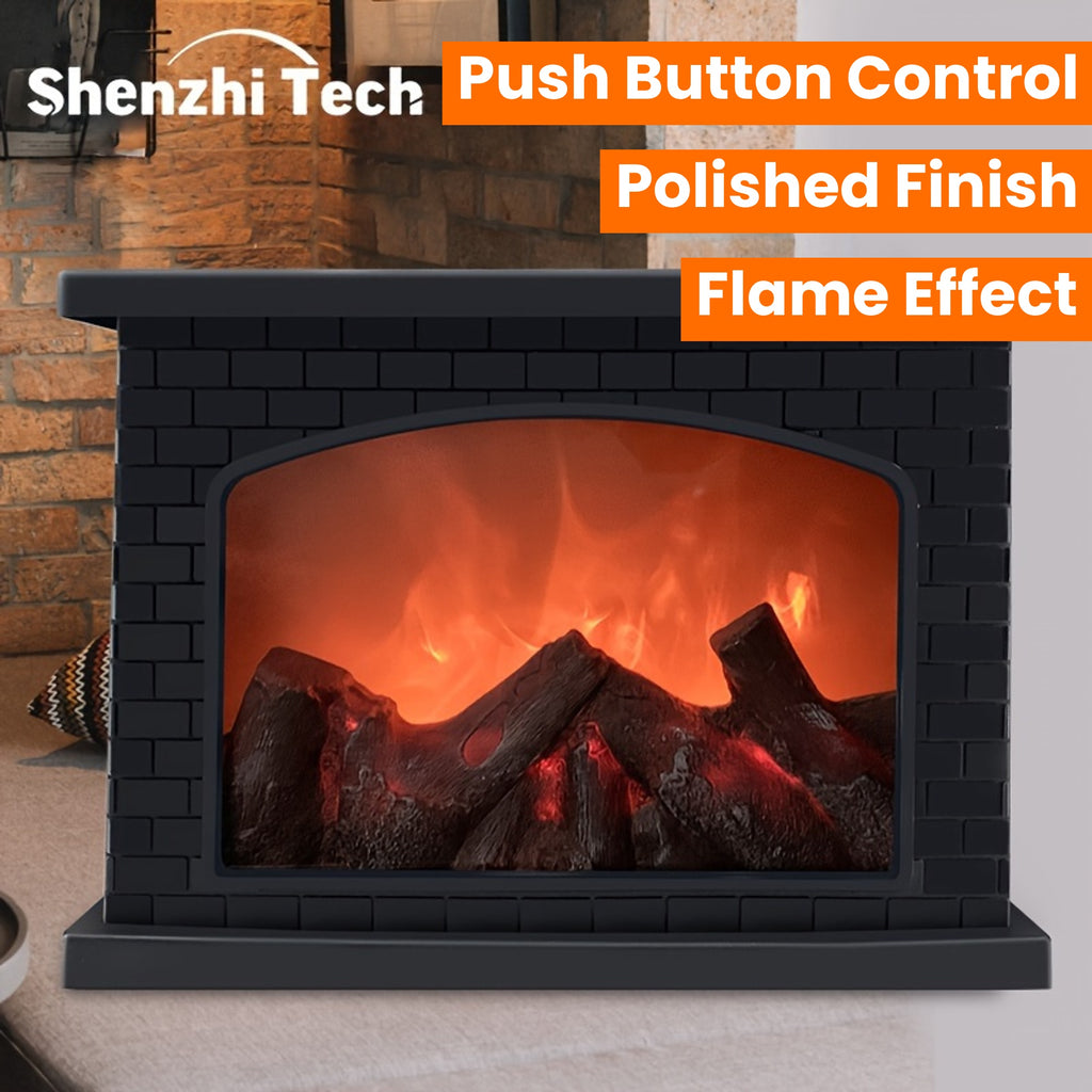 Shenzhi Tech LED Fireplace Lantern - Tabletop USB Powered Fake Fireplace Light with Polished Finish, Push Button Control, Plastic Lamp Shade, Flame Effect for Home Decor - No Battery Included