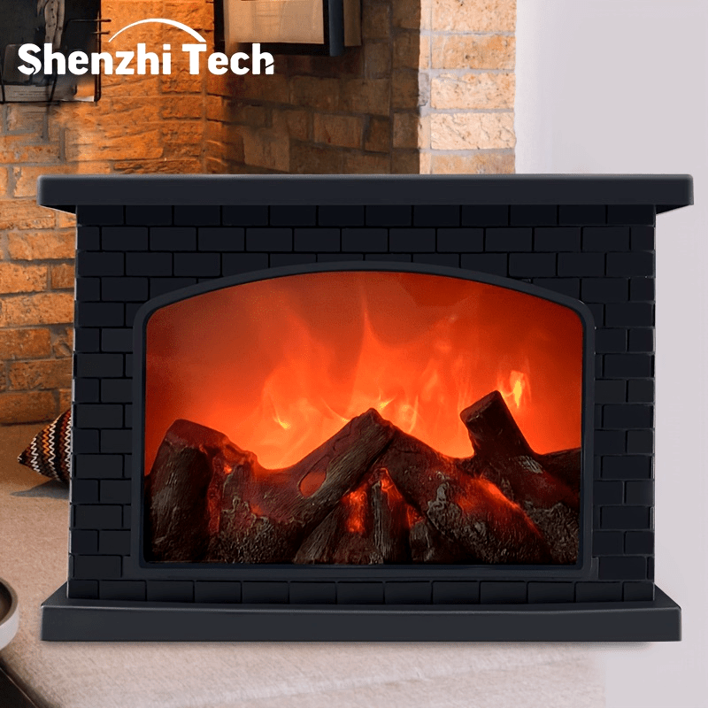 Shenzhi Tech LED Fireplace Lantern - Tabletop USB Powered Fake Fireplace Light with Polished Finish, Push Button Control, Plastic Lamp Shade, Flame Effect for Home Decor - No Battery Included