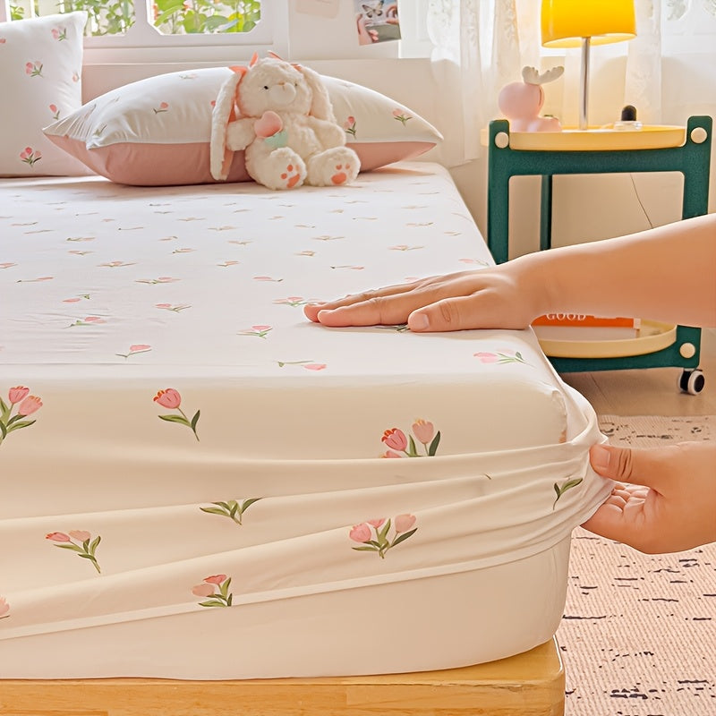 1pc Floral Print Fitted Sheet, Mattress Protector Cover, Soft Comfort Bedding for Bedroom, Light Beige-Friendly Fitted Sheet, Suitable for All Seasons and Non-Slip Bedspread, Single\u002FDouble\u002FKing Size, Machine Washable, Pillowcase Not Included