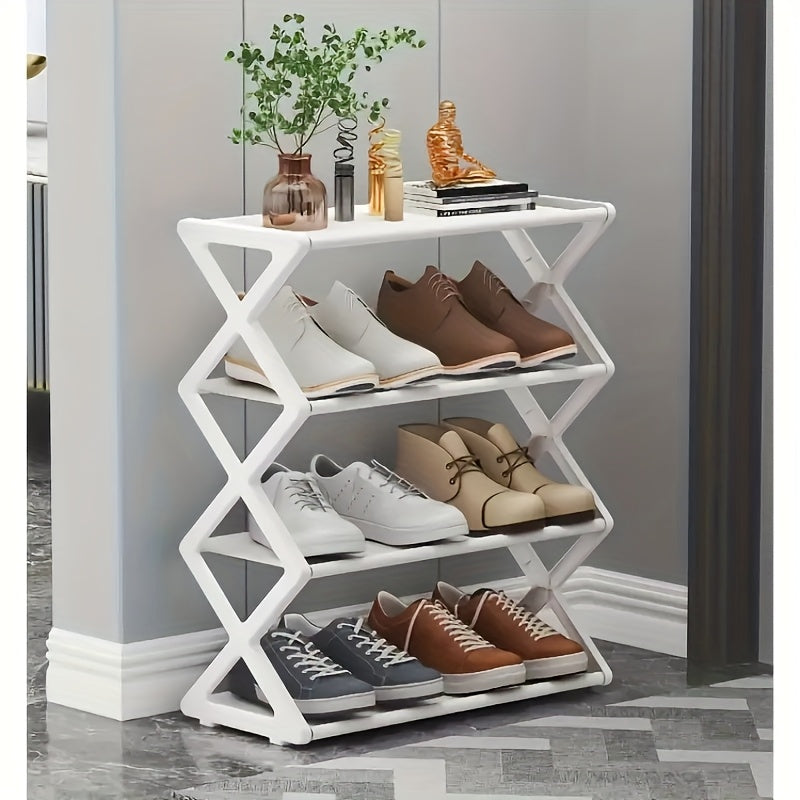 4-Tier X-Shaped Folding Shoe Rack - Space-Saving, Multi-Layer Storage Organizer for Dorms & Homes, Durable PP Material, White, Shoe Storage Organizer
