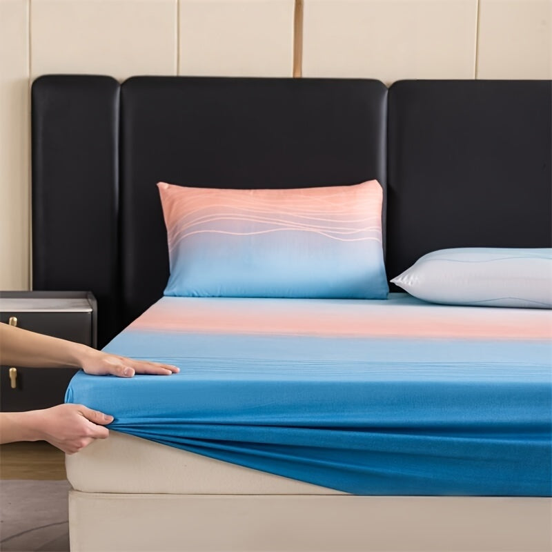 3pcs Polyester Printed Fitted Sheet Set - 1 Fitted Sheet With 2 Pillowcases No Filler, Gradient Blue Ocean Wave Design, Bedroom Decor