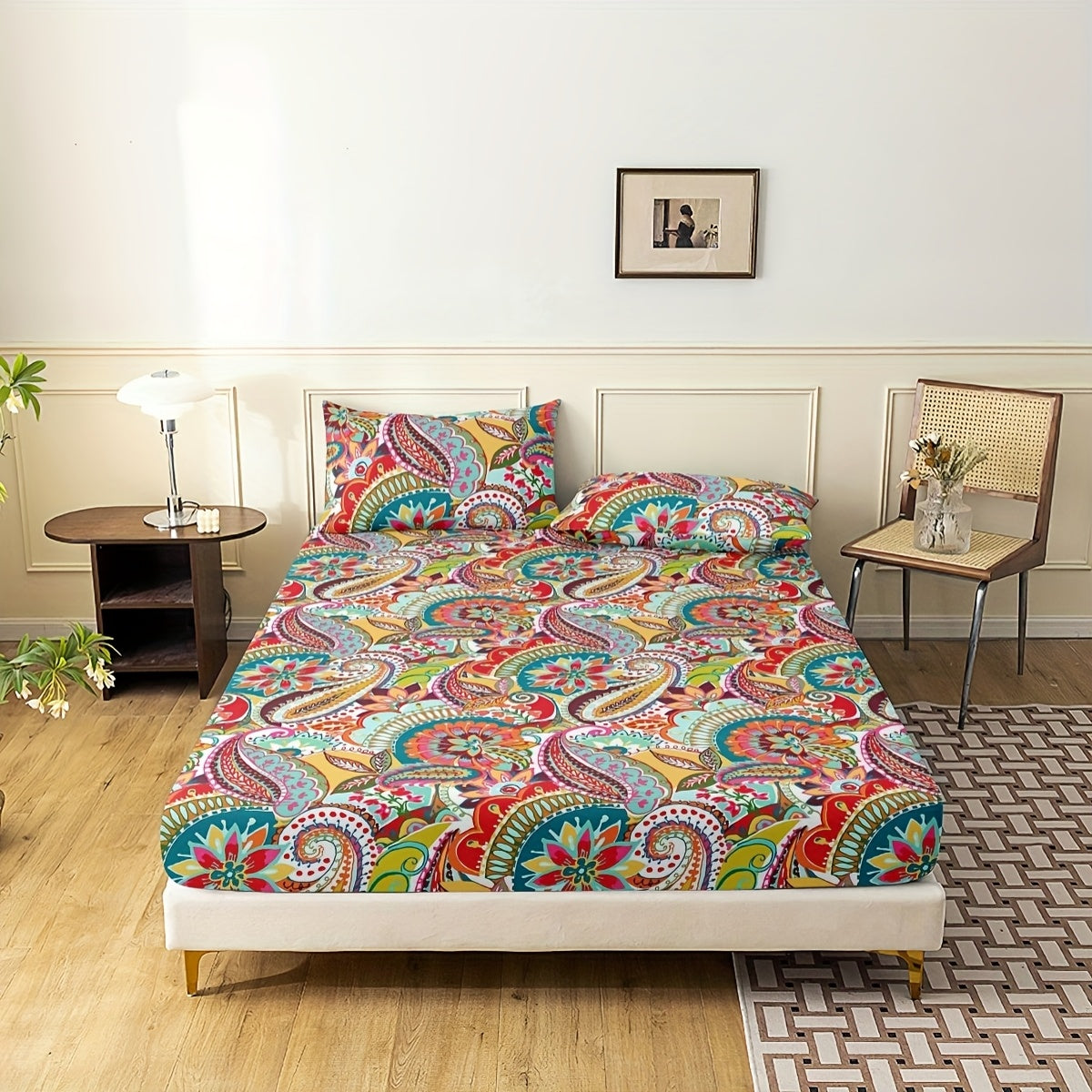 3pcs Bohemian Fitted Sheet Set, Classic Fashion Mattress Protector Cover, Soft Comfort Deep Pocket Breathable Bedding Set for Bedroom Guest Room Decor with 1 Fitted Sheet + 2 Pillowcases, No Core