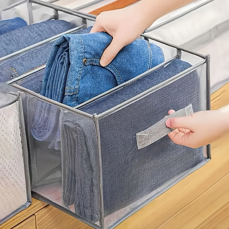 1pc Foldable Closet Organizer with 7-Grid Drawer, Washable Wardrobe Clothes Storage for Jeans and T-Shirts, Non-Textile Material, Grey with Handle