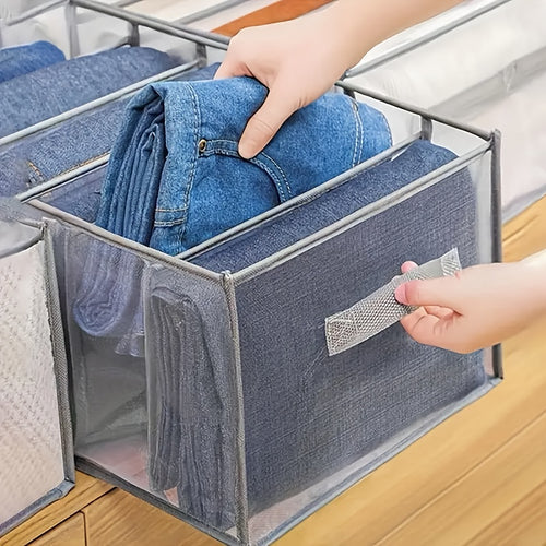 1pc Foldable Closet Organizer with 7-Grid Drawer, Washable Wardrobe Clothes Storage for Jeans and T-Shirts, Non-Textile Material, Grey with Handle