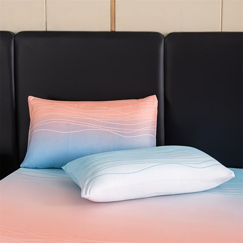 3pcs Polyester Printed Fitted Sheet Set - 1 Fitted Sheet With 2 Pillowcases No Filler, Gradient Blue Ocean Wave Design, Bedroom Decor