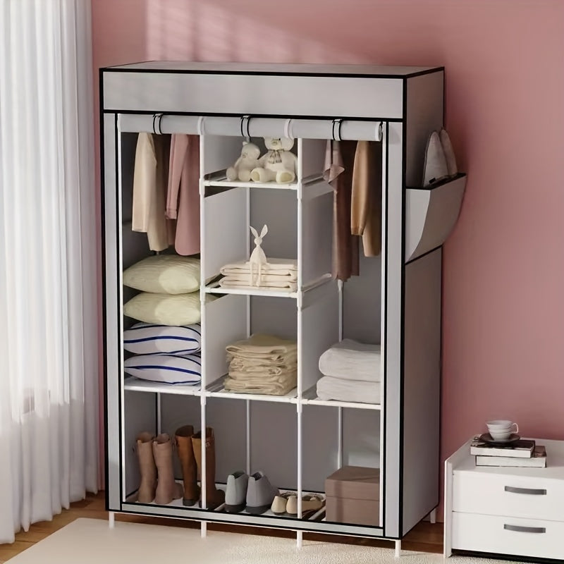 130 Portable Wardrobe with Non-Woven Fabric Cover, 6 Storage Shelves, 1 Hanging Section and 4 Side Pockets, Installable Closet System