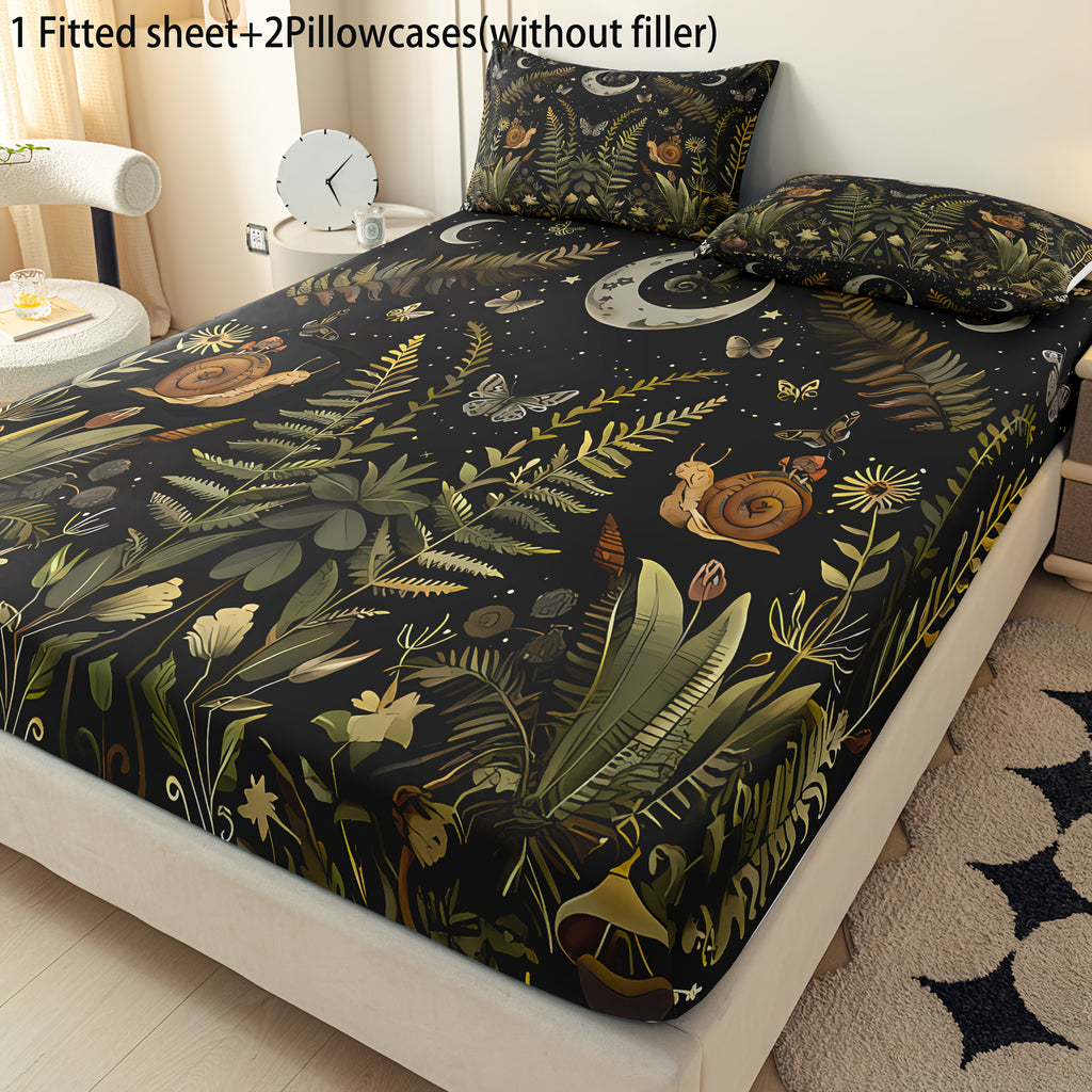 Botanical Mushroom Forest Pattern Digital Print Polyester Sheet Set - Breathable All-Season 3 Pieces Fitted Sheet and Pillowcase Set, Soft Comfort Bedroom Decor, Ideal Gift for Family and Friends